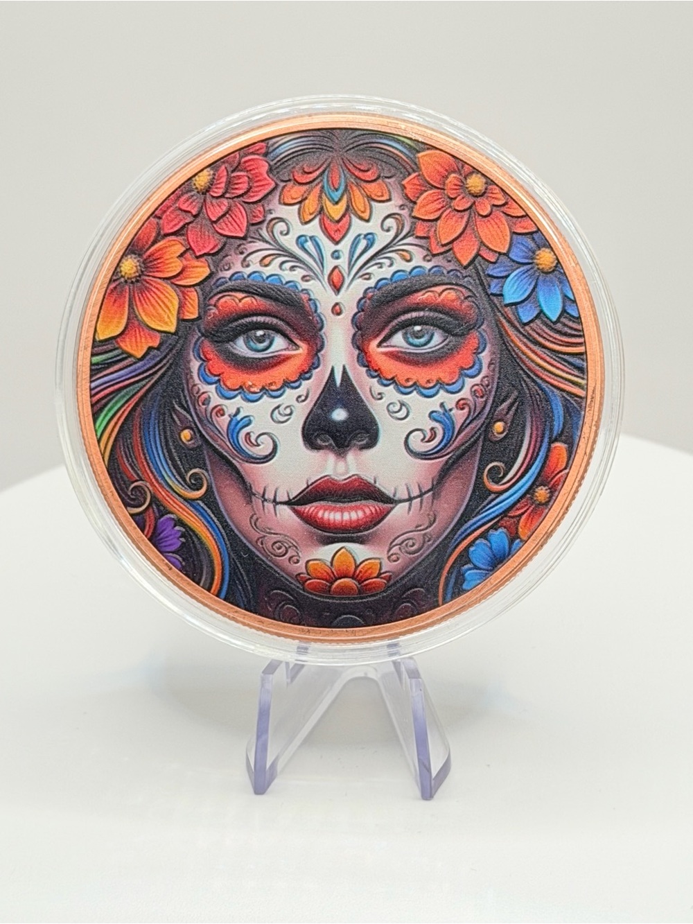 Day of the Dead Sugar Skull 5oz Copper Round - Colorized Art Coin